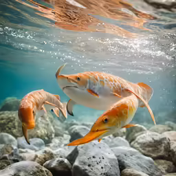 three fish swim near the rocky shoreline on clear day