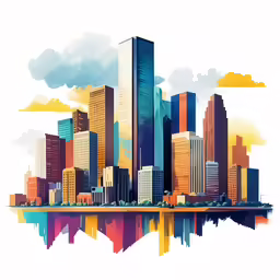 city with reflection in water and cloudy sky