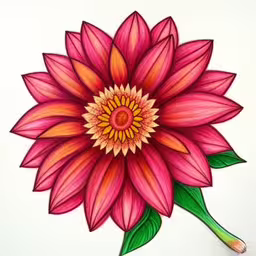 a large flower painted on a white sheet,a drawing of a pink flower with green leaves on the petals