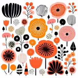 an orange, yellow, and black floral illustration
