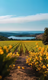 a dirt path runs between fields with yellow flowers