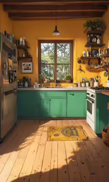 an kitchen with a rug in the floor