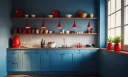 a blue painted kitchen with some dishes on shelves