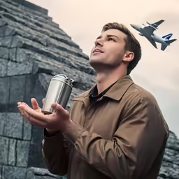 a man holding a coffee cup while flying a jet