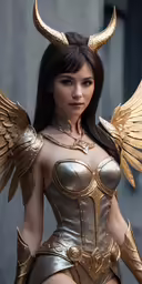 a female model wearing gold wings on her shoulders