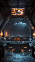 an image of an inside of a building, with lights on and lights lit