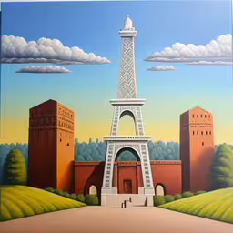 this is a painting of the eiffel tower,a painting of the eiffel tower by a building and tree