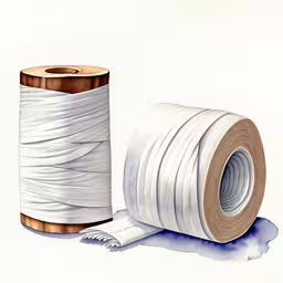a painting of some yarn and scissors with a piece of paper next to it,two rolls of white thread sitting next to each other
