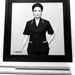 a black and white photo with a woman in a suit