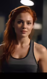 a beautiful red haired woman with a big breast looking straight ahead