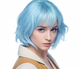 a woman with bright blue hair with a wig