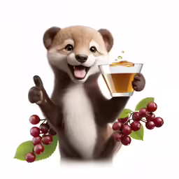 a cute brown and white animal holding a glass and a drink