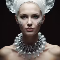 a woman with white makeup and an unusual headpiece