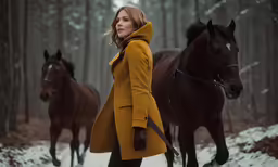 a woman is walking near two horses in the woods