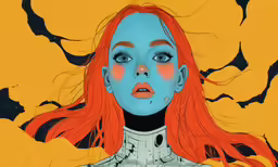 an orange haired woman with her hands crossed and an orange background