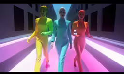 three colorful people are walking through a light corridor