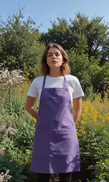 young female farmer standing by flowering field wearing apron