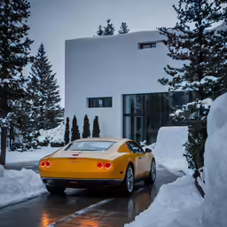 a yellow sports car parked outside a big house covered in snow