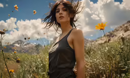 a woman in black posing in tall grass with a yellow flower