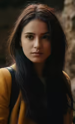 a woman with long black hair and a yellow jacket looking straight ahead