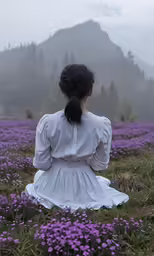 a woman in white dress sitting on ground next to purple flowers