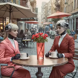 two women in full suits sit at a table with coffee