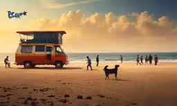 people stand on the beach with a bus,an image of people and a dog at the beach