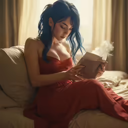 young woman in red dress sitting on white couch