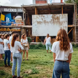 a group of women standing in front of a building