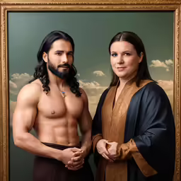a man and woman wearing roman garb are posing in front of a portrait