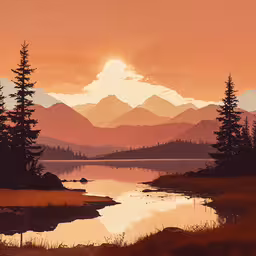 a painting of a sunset with mountains in the distance,the sun is setting and trees are growing in the grass