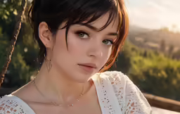 the woman is wearing the necklace has brown hair