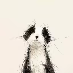 the painting shows a black and white dog