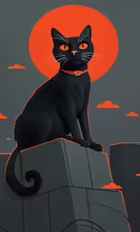 the black cat is on top of a wall and there is a full moon