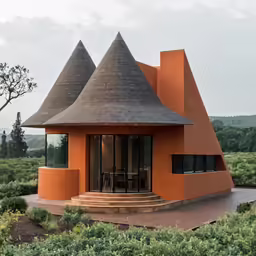 an unusual house with four roof top and circular doorway