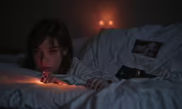 a woman holding a lit candle while lying in bed