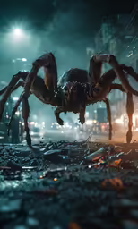 a huge spider crawling across the street in a creepy, creepy photo