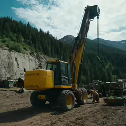 a crane is parked next to some cars and a hill