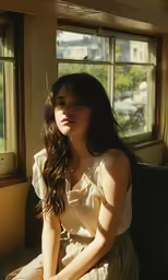 a woman sitting in the corner next to two windows