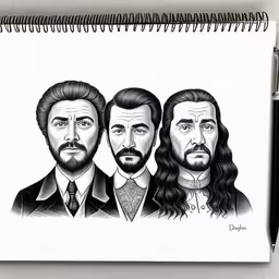 a sketch of three men with beards,a spiral notebook with three wise men on it,a sketch of the three faces of three men, one with long hair and beards,a drawing of three men with long hair,a pen sketch of three men who appear to be from the show