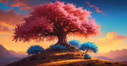 the concept art for the game, the legend of zelda,an artistic scene of a tree on top of a mountain at sunrise