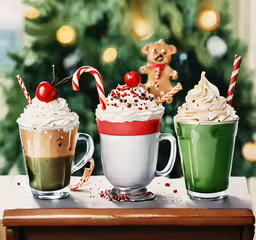 the three different drinks are on the table,four cups of drinks sitting on top of a table