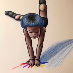 a drawing of a person doing a handstand with colored pencils,a drawing of a woman on her hands and feet