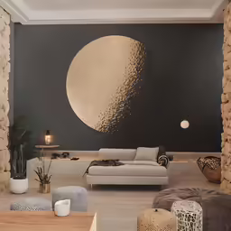 a room that has a large circular artwork on the wall
