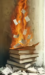 a stack of books is shown in flames