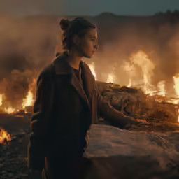 the girl stands at the edge of an open fire