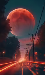 a blood moon over a street with street lights