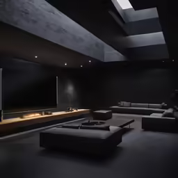 a modern living room that has the ceiling in dark tones