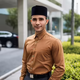 a man standing on the side walk of a building wearing a brown shirt and black cap