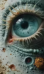 an alien - looking blue eye with long spikes and large, white eyelashes